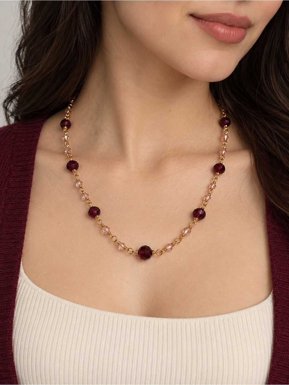 Swarovski Garnet & Silk Crystal Gold Wrapped Necklace